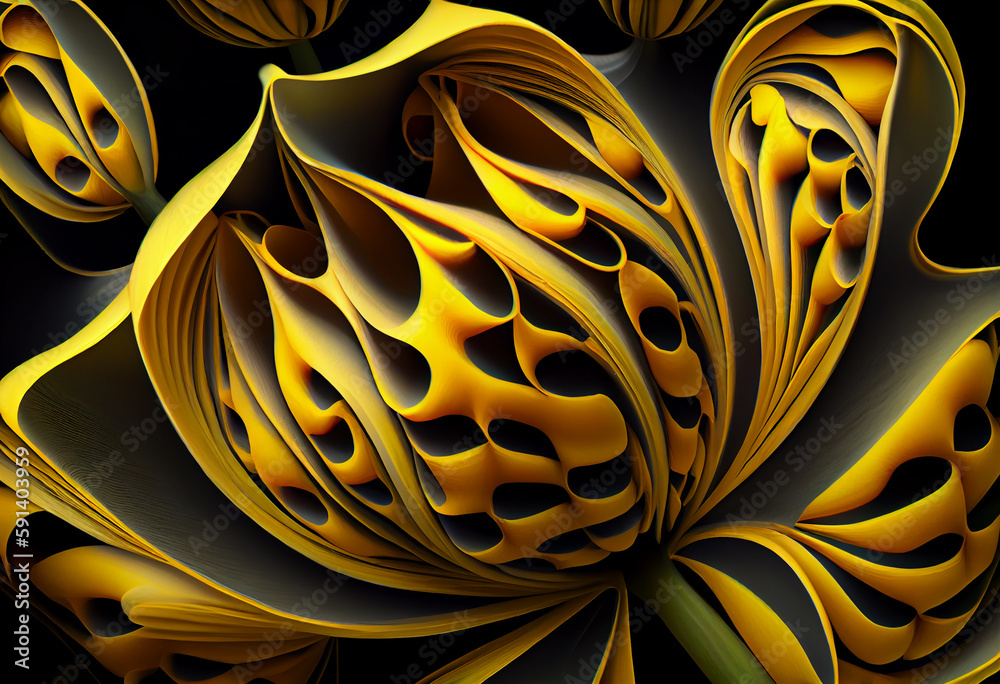 Poster A complex, multi-layered pattern of interlocking shapes that resembles a Yellow Tulip background. Generative AI technology.	
