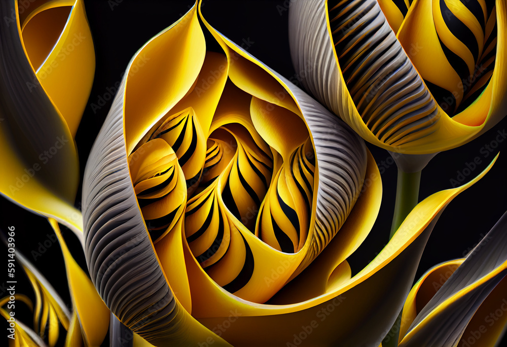 Poster A complex, multi-layered pattern of interlocking shapes that resembles a Yellow Tulip background. Generative AI technology.	

