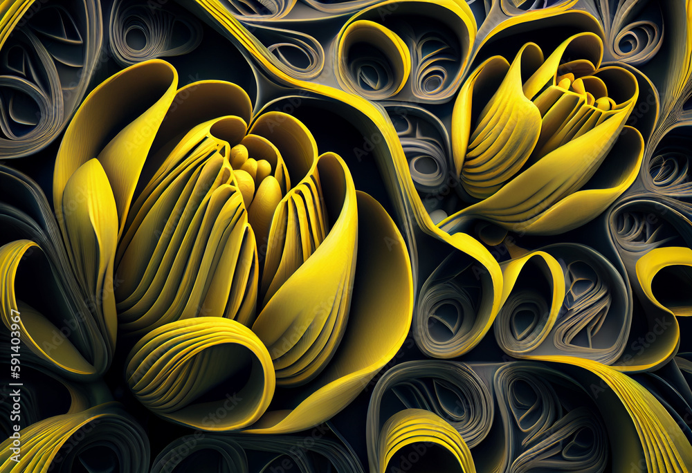 Poster A complex, multi-layered pattern of interlocking shapes that resembles a Yellow Tulip background. Generative AI technology.	
