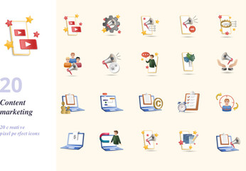 Content marketing set. Creative icons: live streaming, marketing automation, social promotion, ad blocker, premium content, social marketing, viral marketing, story telling, organic content