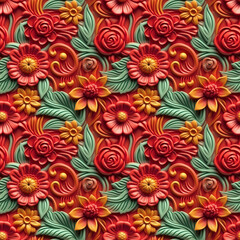 clay art red floral seamless pattern with generative ai