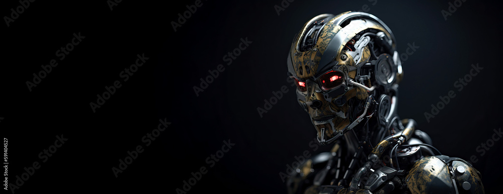 Poster futuristic robot isolated on dark background - generative ai