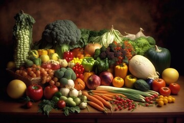 colorful assortment of fresh vegetables arranged on a wooden table. Generative AI