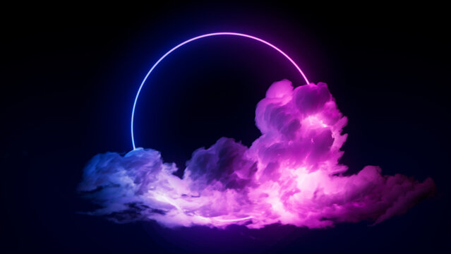 Cloud Formation Illuminated with Pink and Blue Fluorescent Light. Dark Environment with Circle shaped Neon Frame.