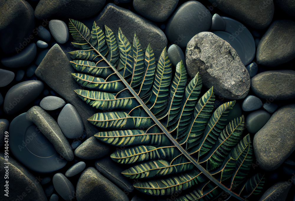 Poster beautiful abstract surreal geometric green leaves of fern on the background of stones. generative ai