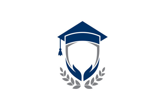 Education logo with toga hat, shield, hand and leaf decoration suitable for campus, university, school and graduation