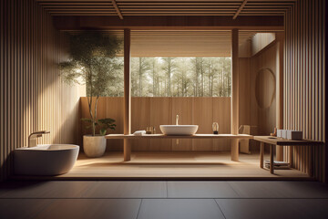 a minimalist Japanese bathroom interior design Created with generative AI tools.