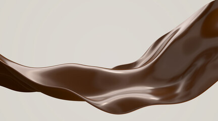Abstract background with chocolate wave, flying glossy molten texture 3d render. Stream of dark brown liquid cocoa, coffee or caramel, choco glaze, isolated sweet dessert, ad pattern. 3D illustration