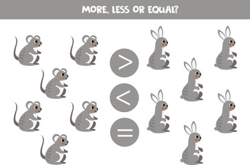More, less or equal with cartoon cute mice and rabbits.