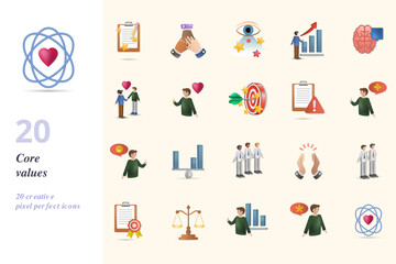 Core values set. Creative icons: imagination, tolerance, open-minded, ambition, logic, love, passion, accuracy, risk, optimism, fun, stability, diversity, integrity, empathy, quality, justice