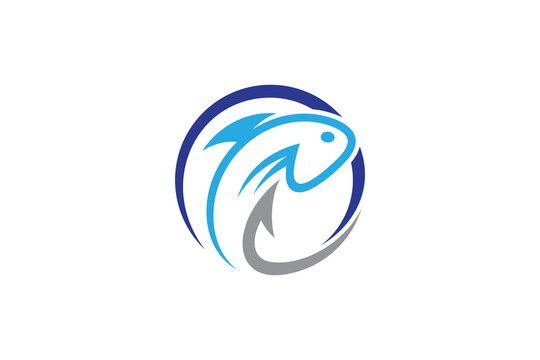 Fishing logo with fish and hook in circle shape