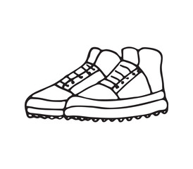 Black and white drawing of a pair of shoes. Hand-drawn basketball shoes, sneakers in doodle style 