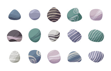 Sea pebbles. Smooth and natural river and ocean stones in various colors, shapes and sizes, perfect for decoration or landscaping. Vector set. Natural tropical solid objects isolated collection