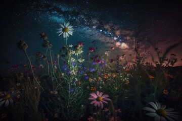 Fototapeta na wymiar colorful flower field under a starry night sky. Generative AI