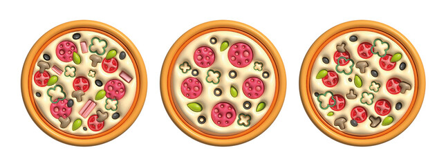 Fototapeta na wymiar 3d italian food clipart. Three pizzas on a white background. Yummy, taste, pizza illustration design. Pizza icons. Pepperoni, vegan pizza. 3d render