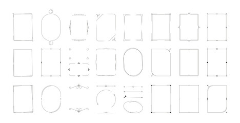 Minimalistic decorative frames. Outline geometric decorative borders with swiss bauhaus line shapes for badge logo design and wedding invitation cards. Vector set. Rectangle oval elements and dividers