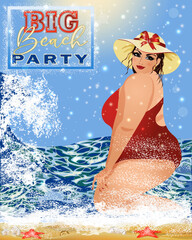 Big Beach Party card. Plus size sexy woman on the summer beach, vector illustration