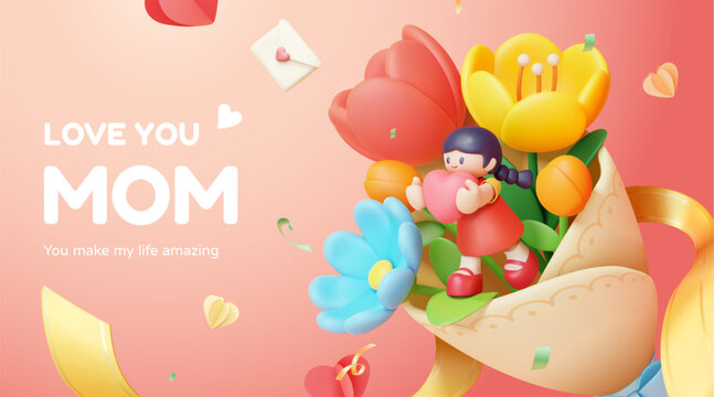 Miniature girl on flower bouquet