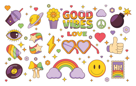 Trendy patches. Doodle hippie abstract geometric stickers for graphic art, cute chaotic psychedelic comic pop stickers. Vector colorful set. Good vibes, colorful peace, heart symbols