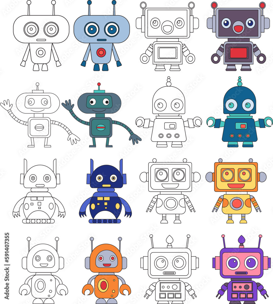 Wall mural robots, androids coloring book set on white background, vector