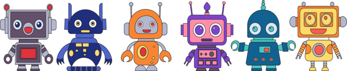 robots, androids set in doodle style set on white background, vector