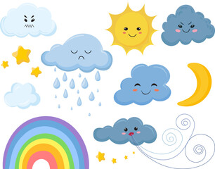 weather icons, cloud, sun, rainbow set in doodle style set on white background, vector