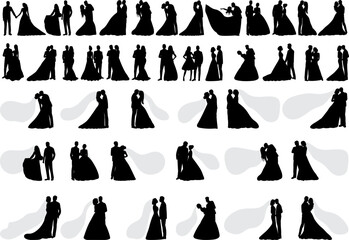 Fototapeta na wymiar wedding set of bride and groom silhouette on white background, vector