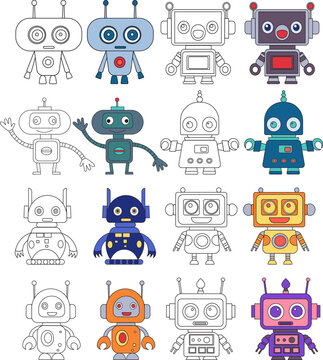robots, androids coloring book set on white background, vector
