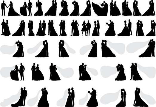 wedding set of bride and groom silhouette on white background, vector