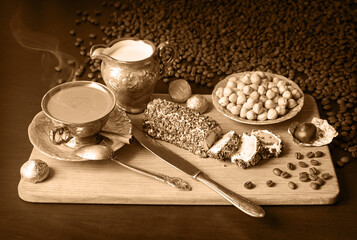 Sweets on the background of coffee on the table