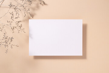 White paper empty blank, dried grass decoration on beige background. White square Invitation card mockup on beige table. Flat lay, top view, copy space, mockup