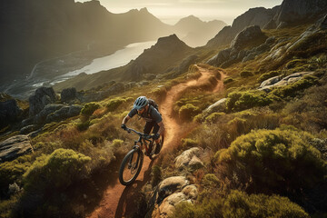 A thrilling, high-speed mountain biking scene, featuring a daring rider navigating a rugged, rocky trail, with a breathtaking mountain vista as the backdrop. Generative AI.