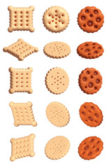 Traditional cookies with chocolate chips different angles on a white background. 3D illustration clip art in cartoon style.