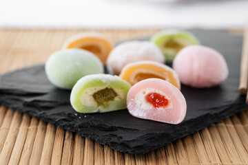 Japanese colorful mochi on marble background