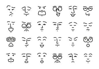 Cute cartoon emotions. Different doodle face emotions with crazy happy faces and expressions, avatar doodle symbols. Vector collection. Positive and negative feelings, characters caricature