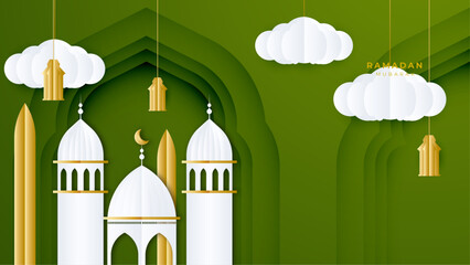 Ramadan Kareem Banner with Moon, Clouds and 3d Paper cut Sheikh Zayed Grand Mosque icon. Vector illustration. Place for Text. Eid Mubarak greeting card