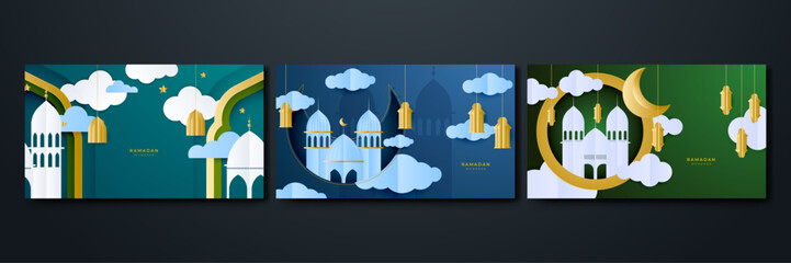 Crescent Islamic with mosque for Ramadan Kareem. Islamic greeting card template with ramadan for wallpaper design background. Poster, paper cut, media banner. Mosaic vector illustrator.