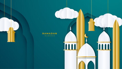 Crescent Islamic with mosque for Ramadan Kareem. Islamic greeting card template with ramadan for wallpaper design background. Poster, paper cut, media banner. Mosaic vector illustrator.