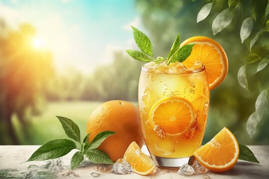 Cool orange drink served on ice, photographed in a summer garden. Generative AI