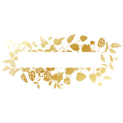 Trendy gold tropical leaves of different creepers with white sheet. Card with exotic liana leaves frame.