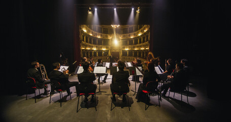 Wide Cinematic shot of Conductor Directing Symphony Orchestra with Performers Playing Violins, Cello and Trumpet on Classic Theatre with Curtain Stage During Music Concert. Back View - obrazy, fototapety, plakaty