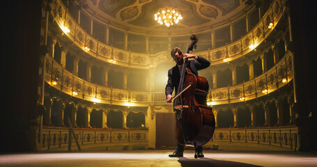 Cinematic shot of Male Cellist Playing Cello Solo on an Empty Classic Theatre Stage with Dramatic Lighting. Professional Musician Rehearsing Before the Start of a Big Show with Orchestra - obrazy, fototapety, plakaty