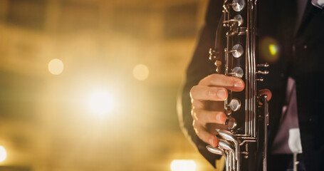Cinematic Closeup of the Hands of a Male Saxophone Player Playing his Instrument. Professional...