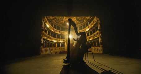 Cinematic shot of Female Harpist Playing Harp Solo on an Empty Classic Theatre Stage with Dramatic...