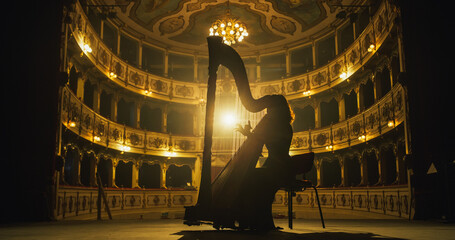 Cinematic shot of Female Harpist Playing Harp Solo on an Empty Classic Theatre Stage with Dramatic...