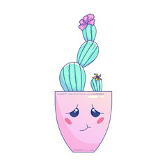 Cute Kawaii Cactus in pot with face. Cute pastel succulent kawaii smaile. Cactus character in pot. Vector graphic illustration.