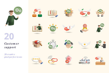Customer support set. Creative icons: discussing, manual, solution, feedback, premium service, help desk, ratings, chat help, loyalty, technical support, product overview, fast service, customer