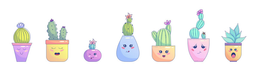 Cute Kawaii Cactus in pot with face. Cute pastel succulent kawaii smaile. Cactus character in pot. Vector graphic illustration