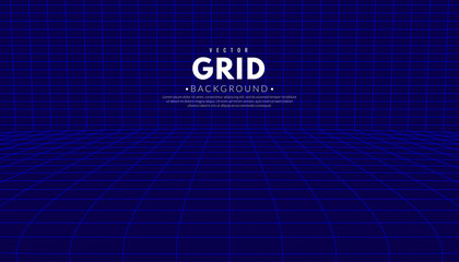 Obraz premium Abstract curved perspective grid on blue background. 3d wireframe room concept. Graphic vector flat design style.