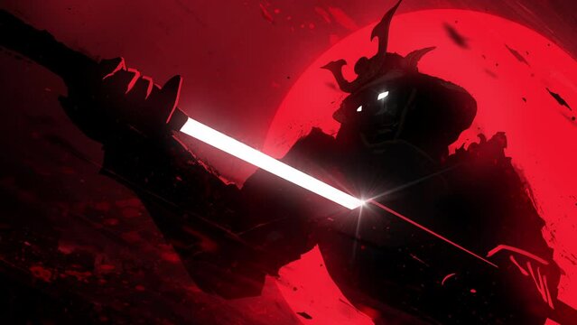 A sinister samurai in a helmet slowly pulls out his shiny katana against the bright blood-red sun, particles of ink and blood fly around him, his eyes glow ominously.  clean looped 2d animated art